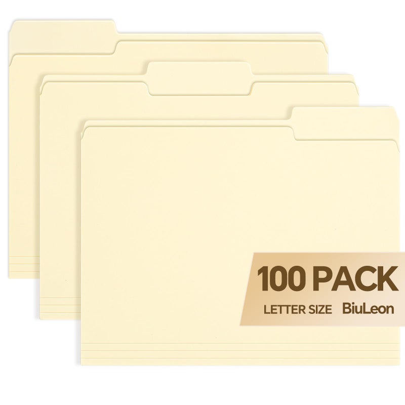 BiuLeon File Folders,100 Pack Manilla Folders 8.5x11,1/3 Cut Tabs Manila File Folders Letter Size for Easy Labeling and Organization,Vanilla Folders Great for Documents Home School Classroom Office Supplies - Image 1